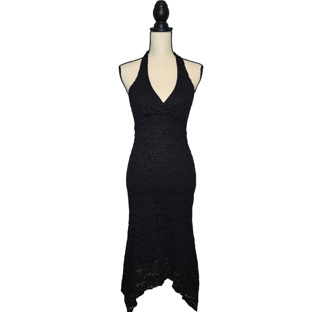 Styles Vintage 90s Y2K Black Lace Halter Handkerchief Hem Midi Dress Sz Medium